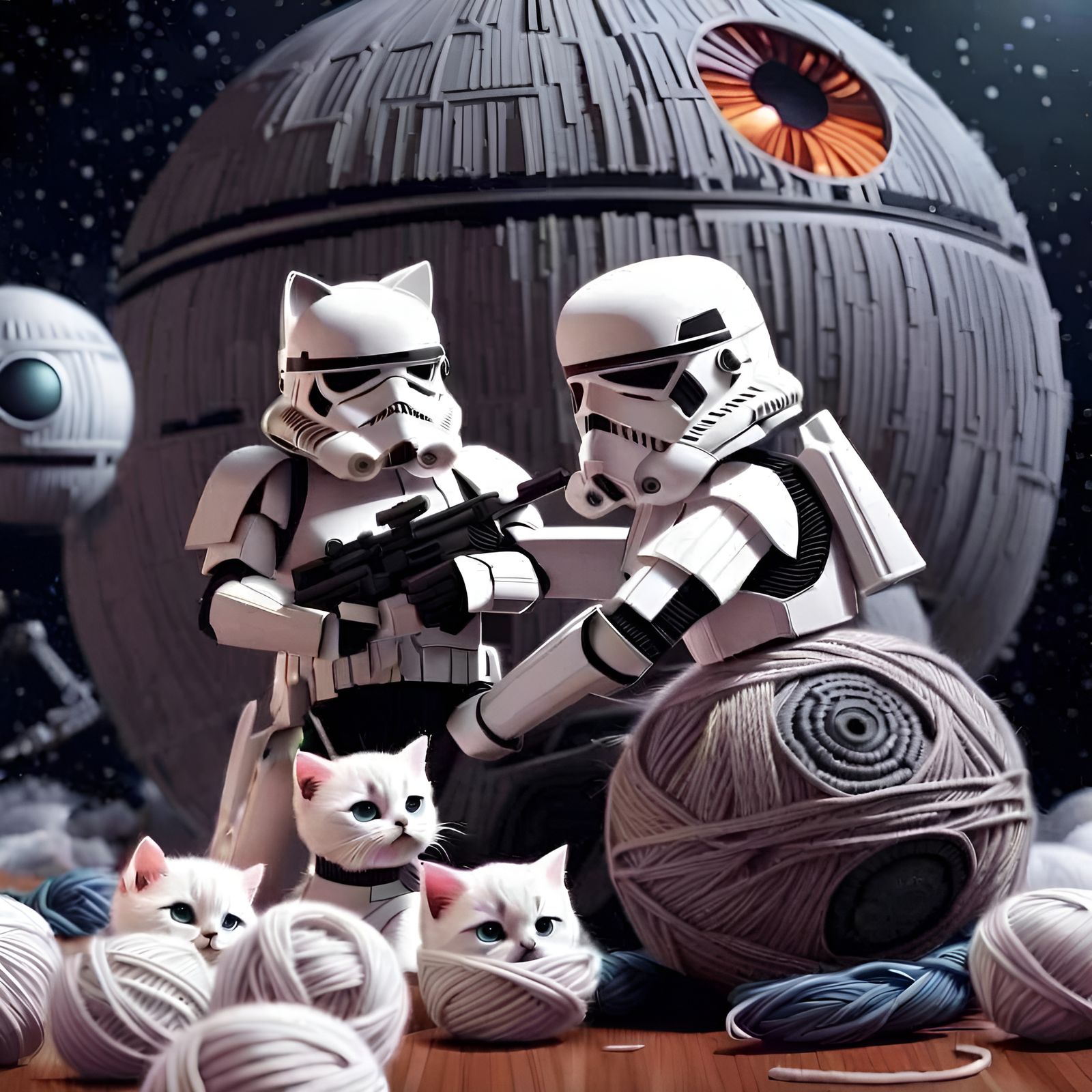 Stormtrooper Kittens with Yarn Death Star, Comic Art
