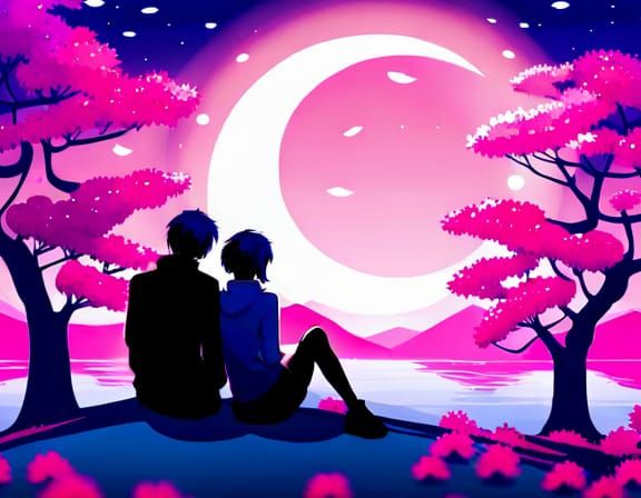 Anime Couple Under Cherry Blossoms in Synthwave Galaxy