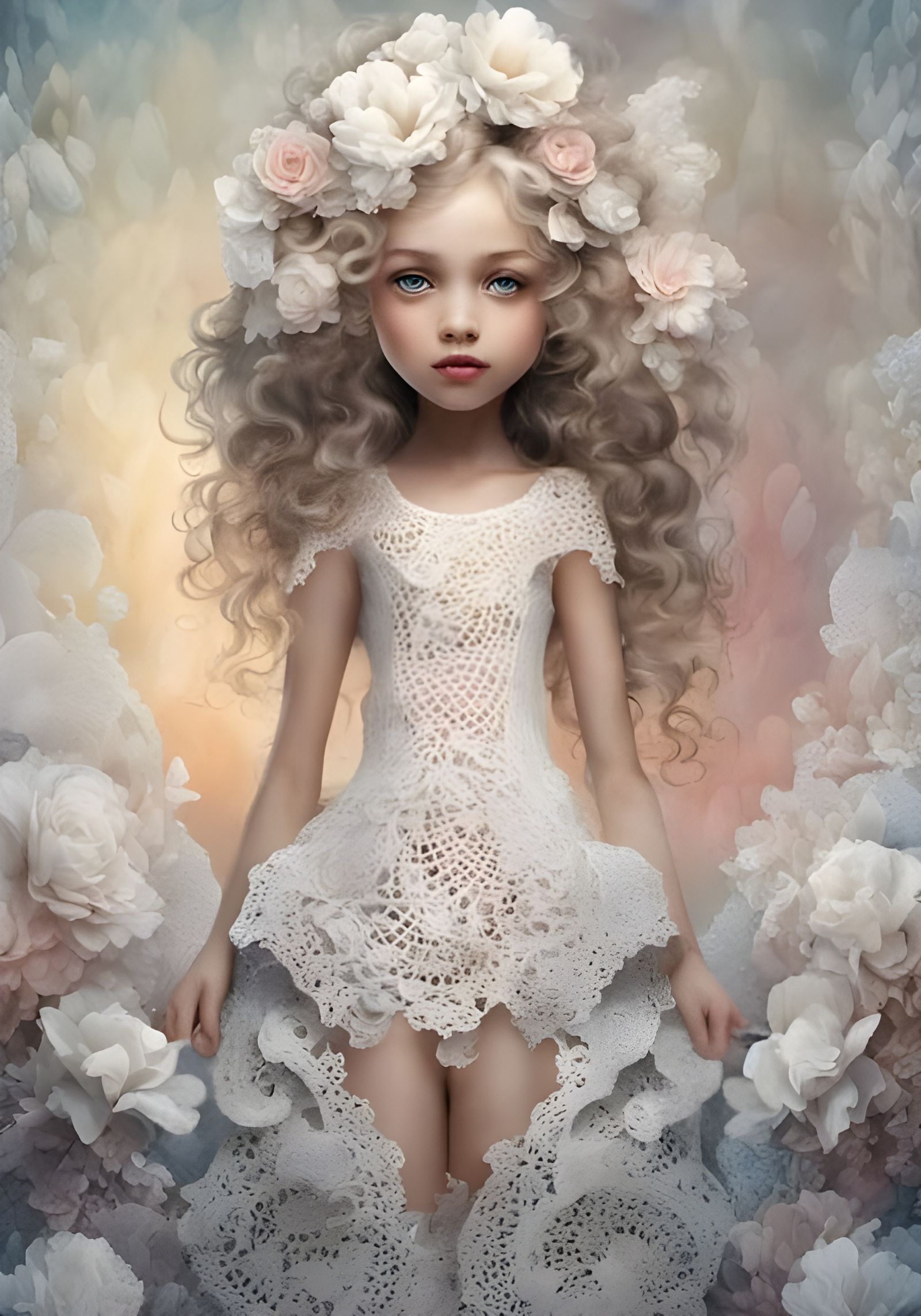 Girl in White Crochet Dress with Floral Background