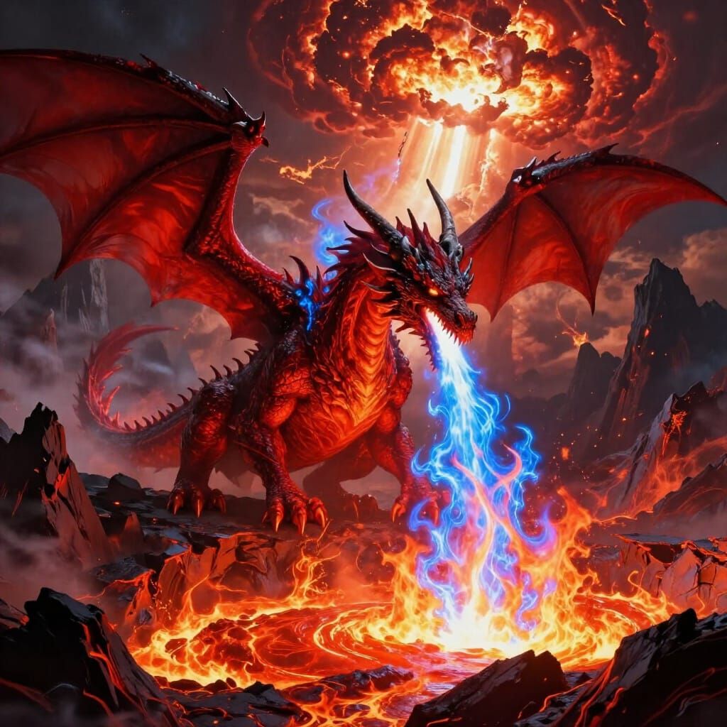 Majestic Dragon Breathes Fire Over Volcano