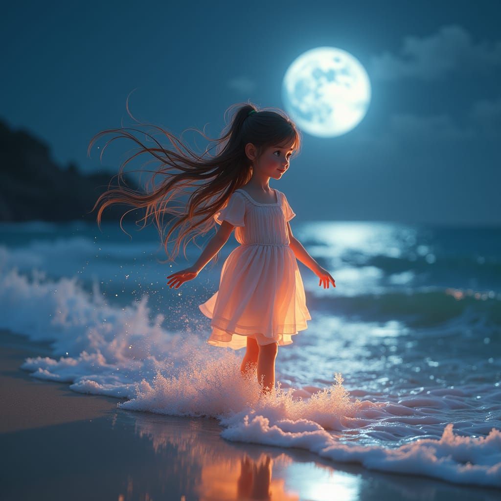 Moonlit Beach Serenity: Ethereal Girl in Dreamscape