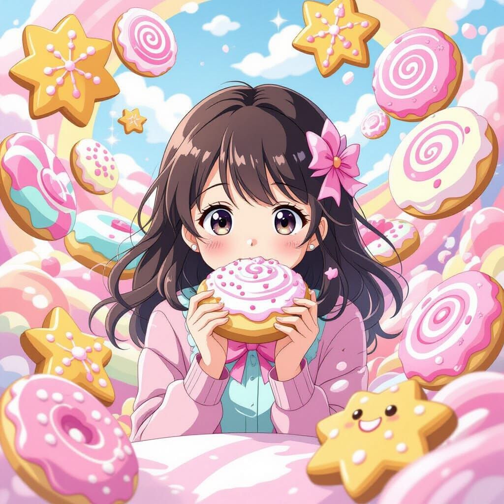 Anime Girl in Pastel World of Swirling Sugar Cookies