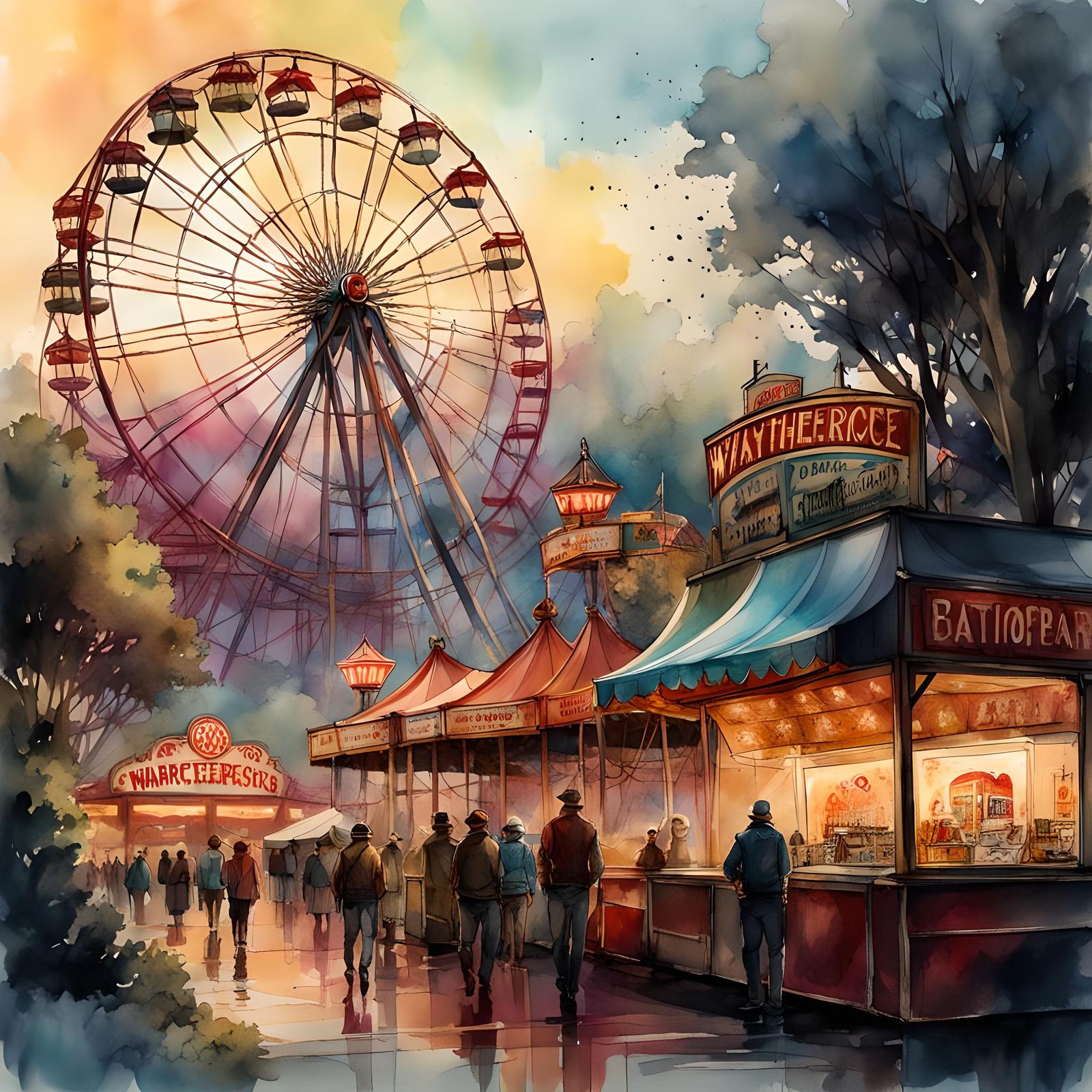 Abandoned Aetherpunk Amusement Park in Watercolor Style