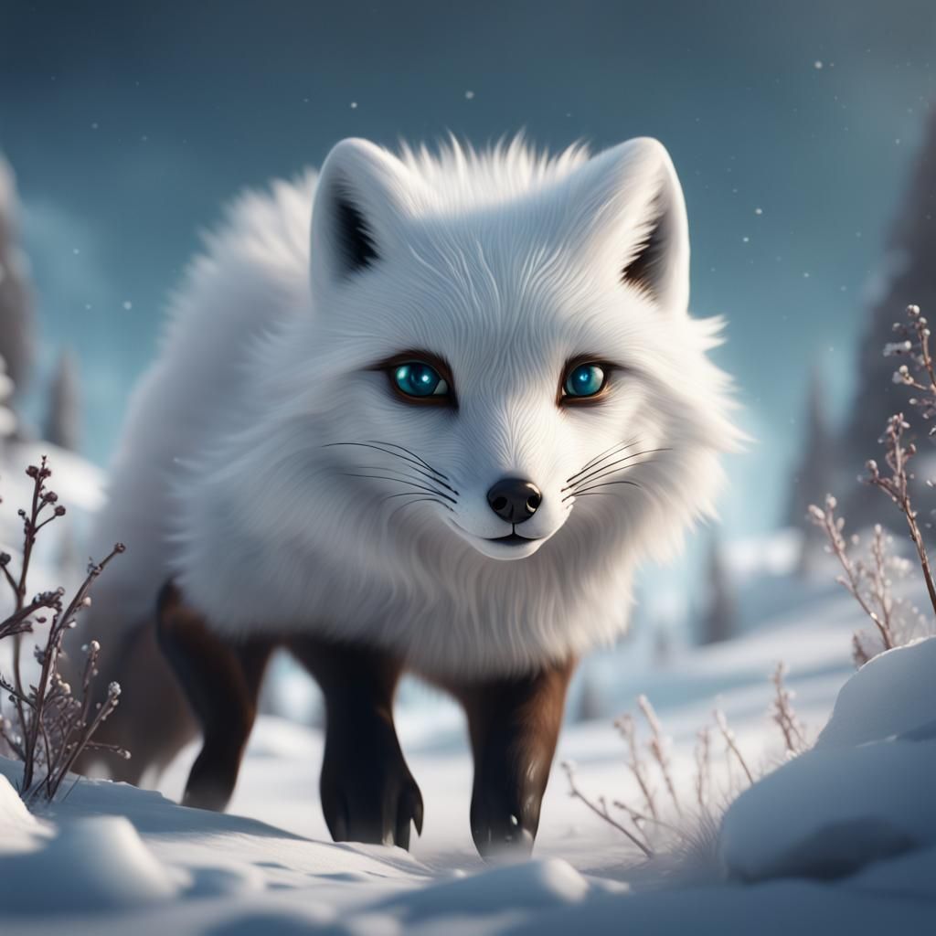 Arctic Fox Plunges Into Snow, Detailed Digital Painting