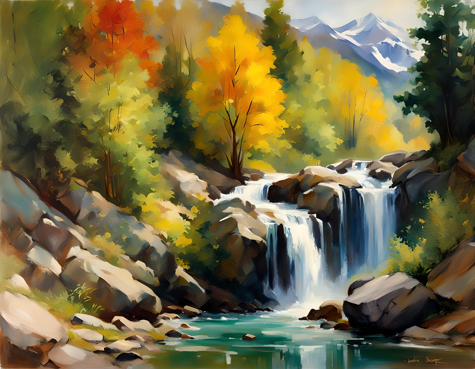 Epic Waterfall Landscape in Oil Painting Style