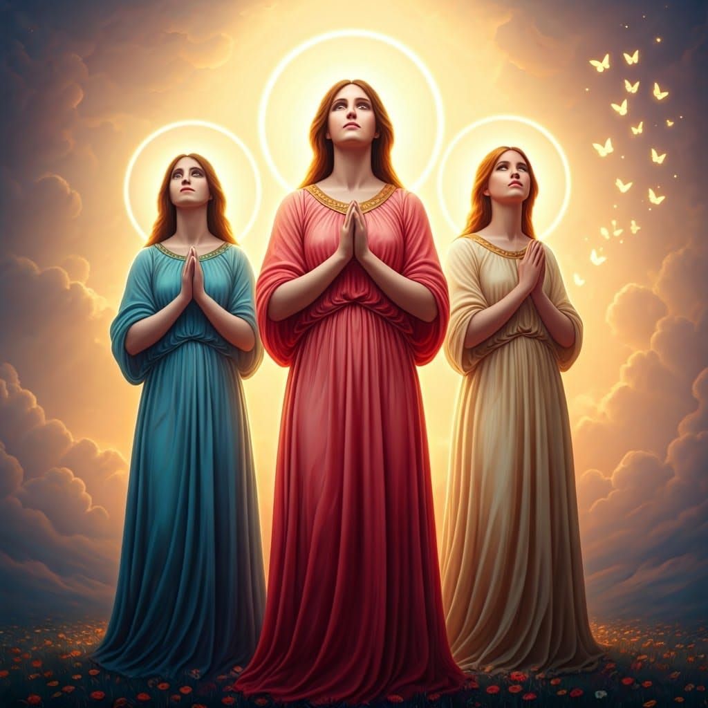 Ethereal Trio in Soft, Golden Light, in Pre-Raphaelite Style