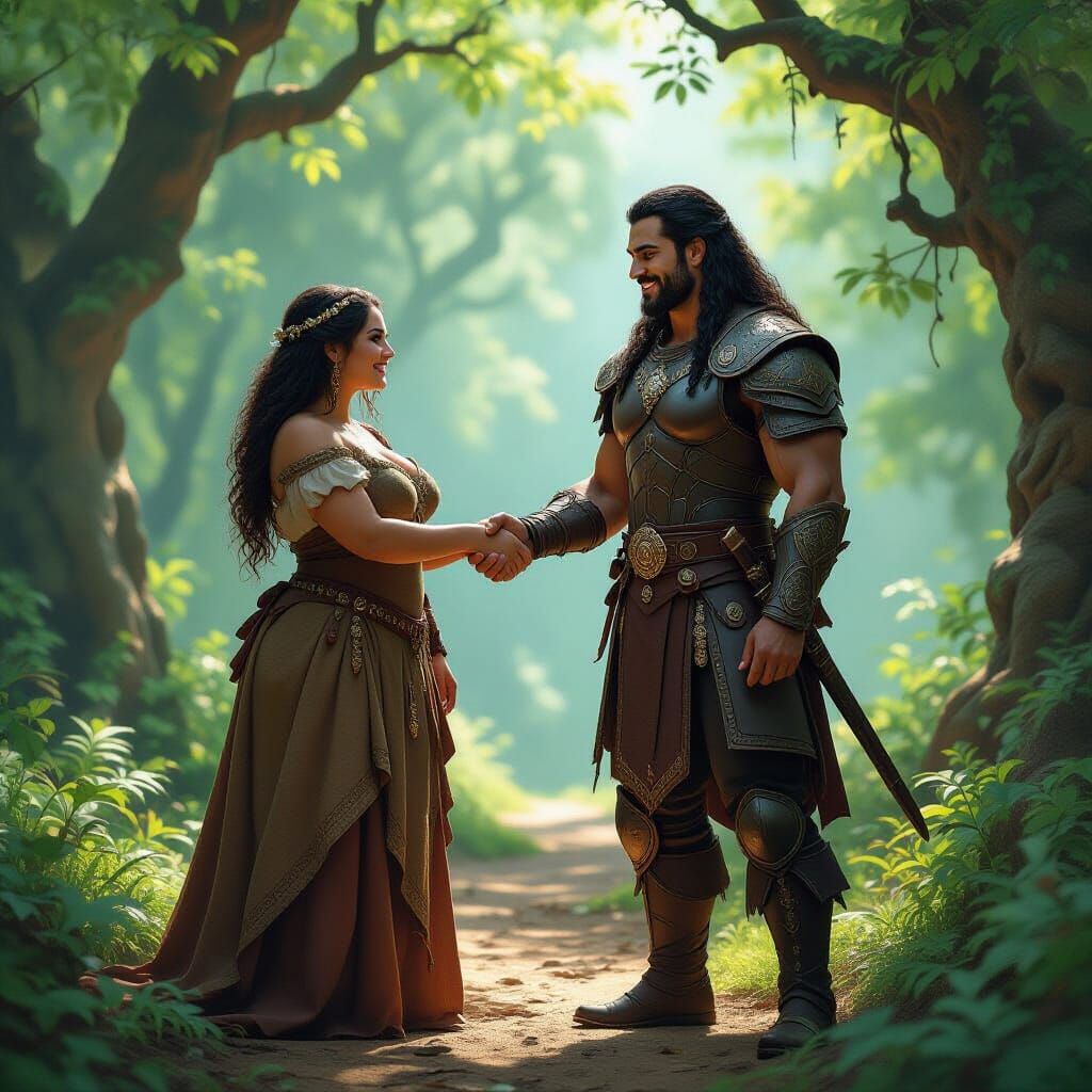 Fantasy Warrior Meets Admirer in Enchanted Forest