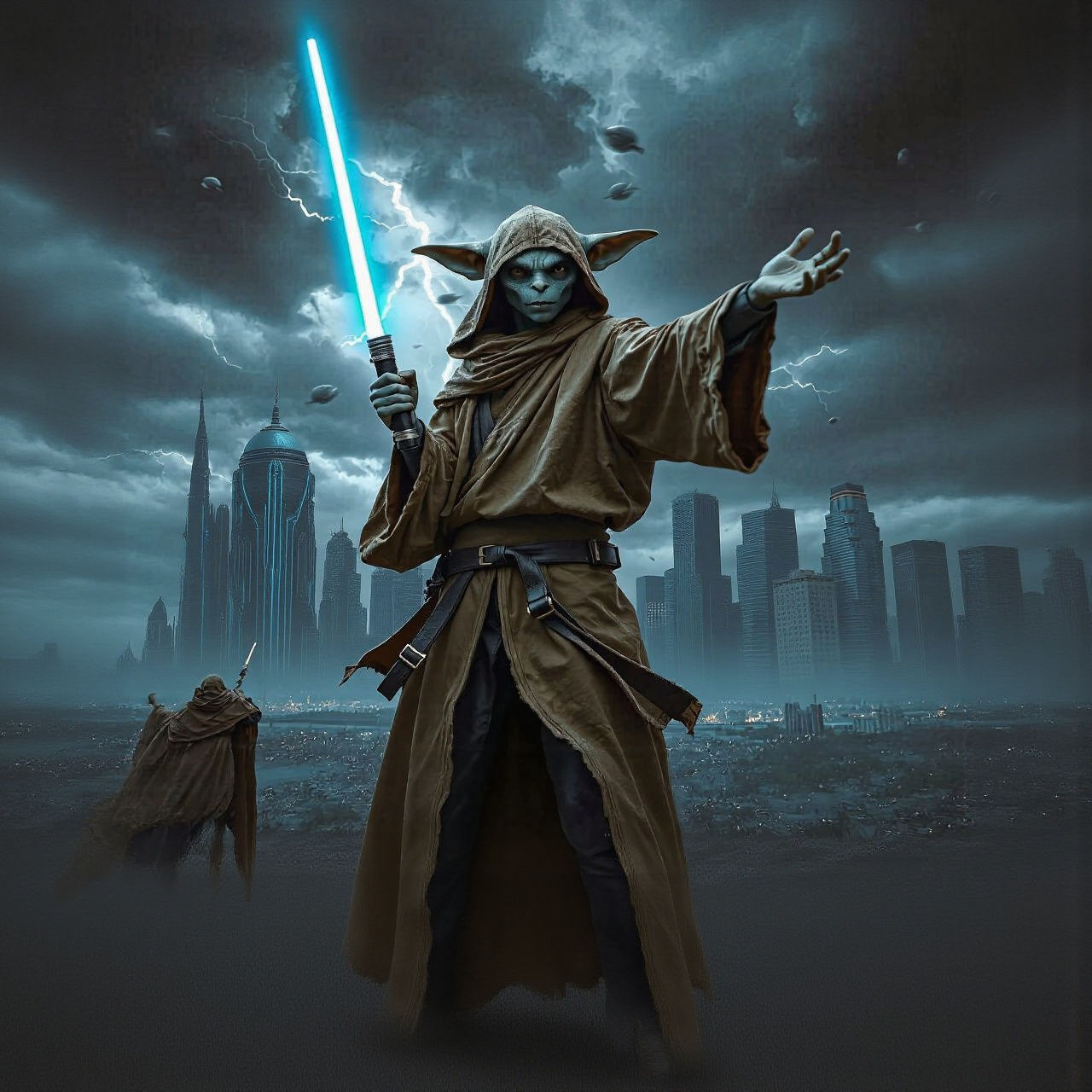 Mysterious Alien Warrior Stands Amidst Ruins in a Futuristic...