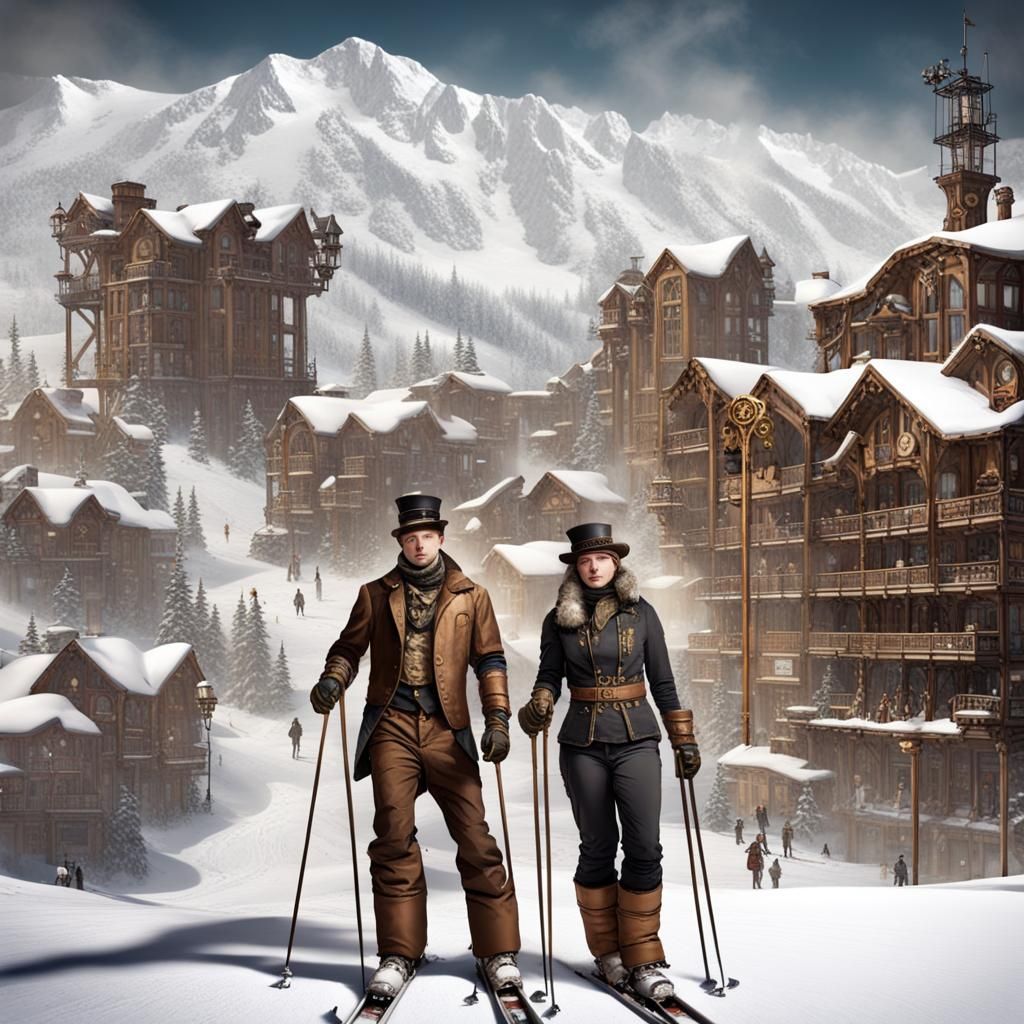 Steampunk ski resort with deep snow.