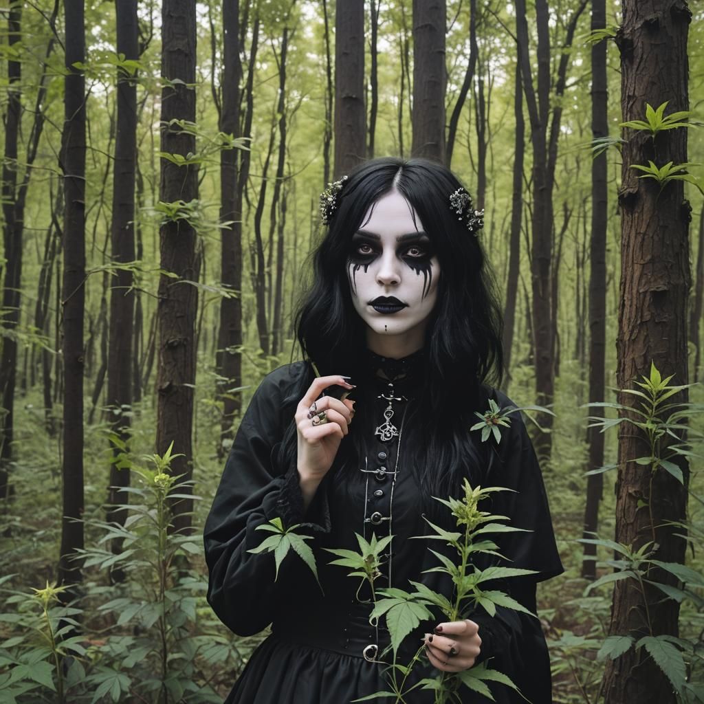Goth Girl in Blooming Cannabis Forest