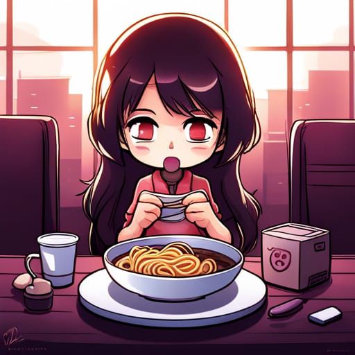 Cute Anime Girl Eating Noodles, Chibi Kawaii Style