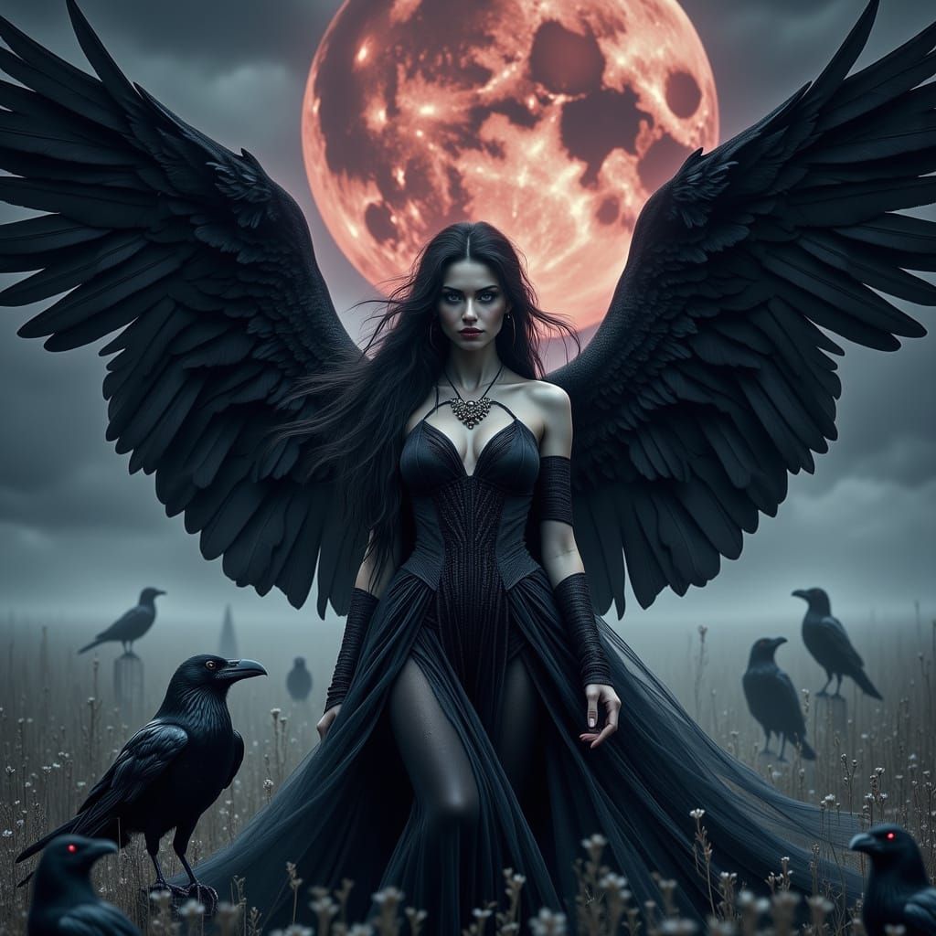 Dark Goddess with Raven Wings in a Dreamlike Landscape