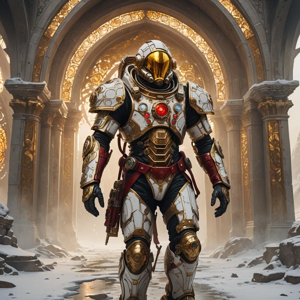 Biomechanical Astronaut in Scarlet Armor on White Wasteland