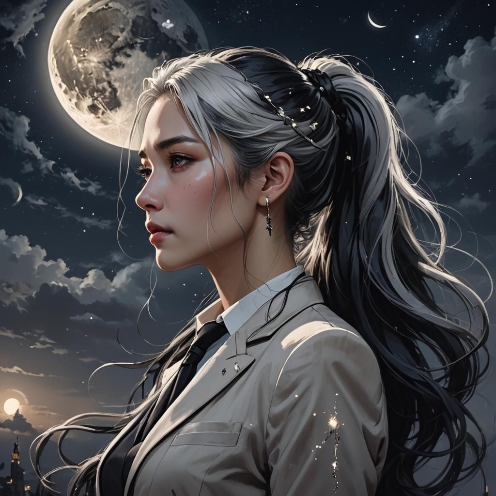 Fantasy Woman Gazing at Starry Night Sky