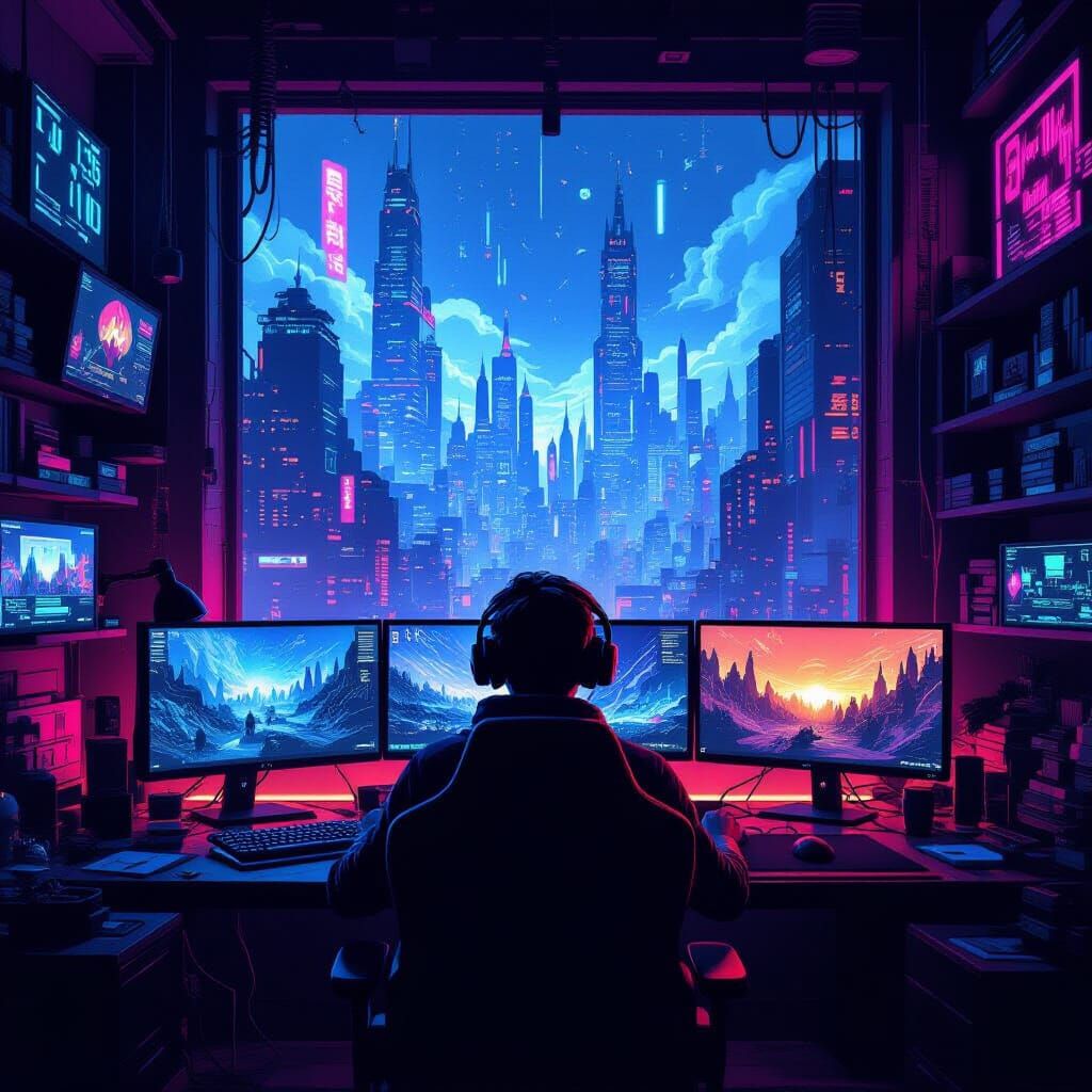 Gamer Immersed in Cyberpunk VR World