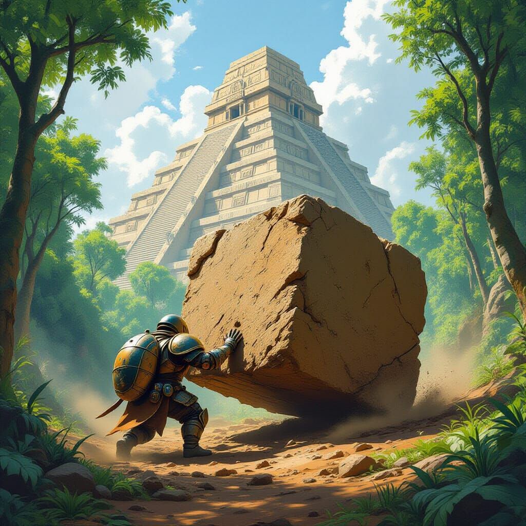 Dung Beetle's Pyramid Quest: Matte Painting in Lush Forest