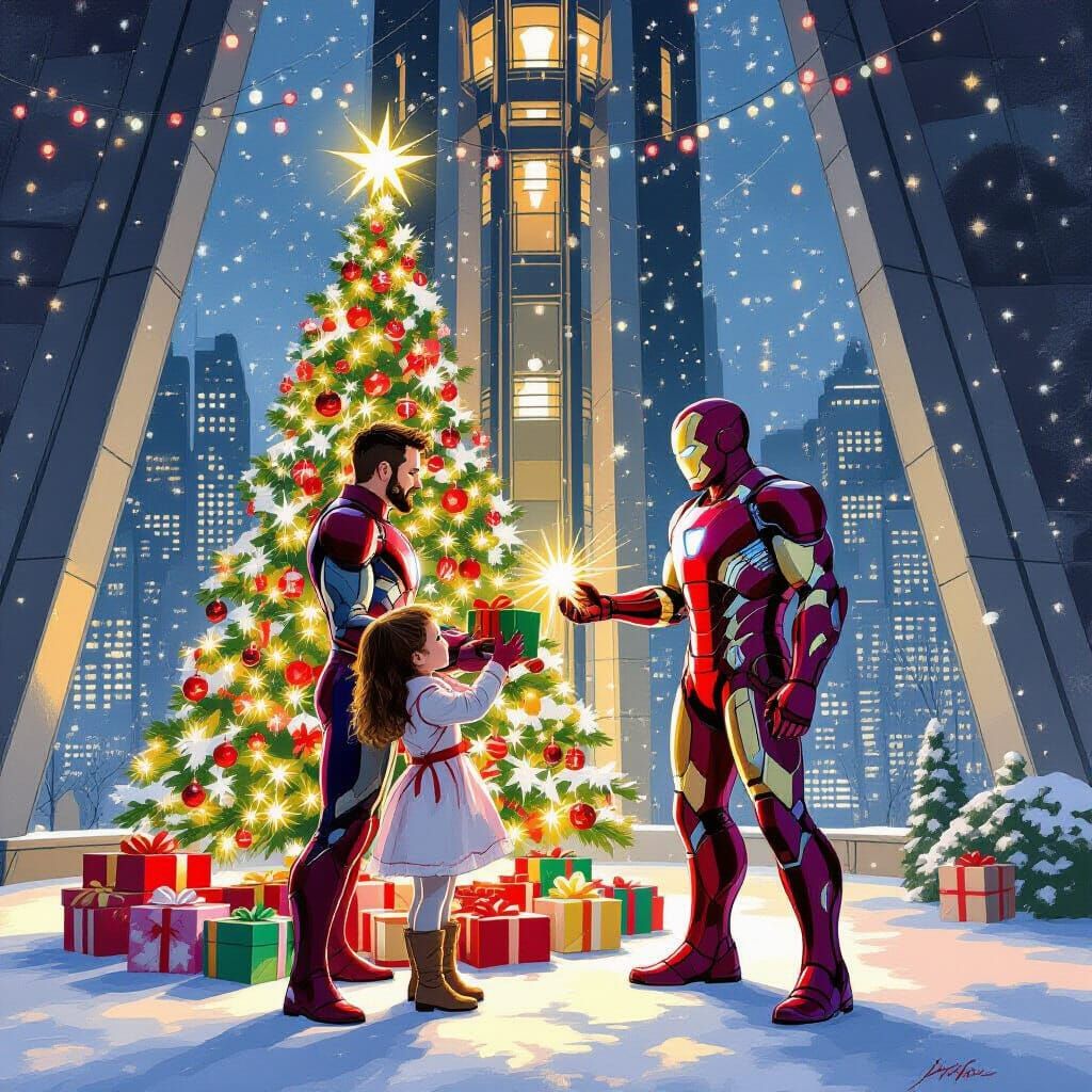 Avengers Christmas at Stark Tower in Painterly Style