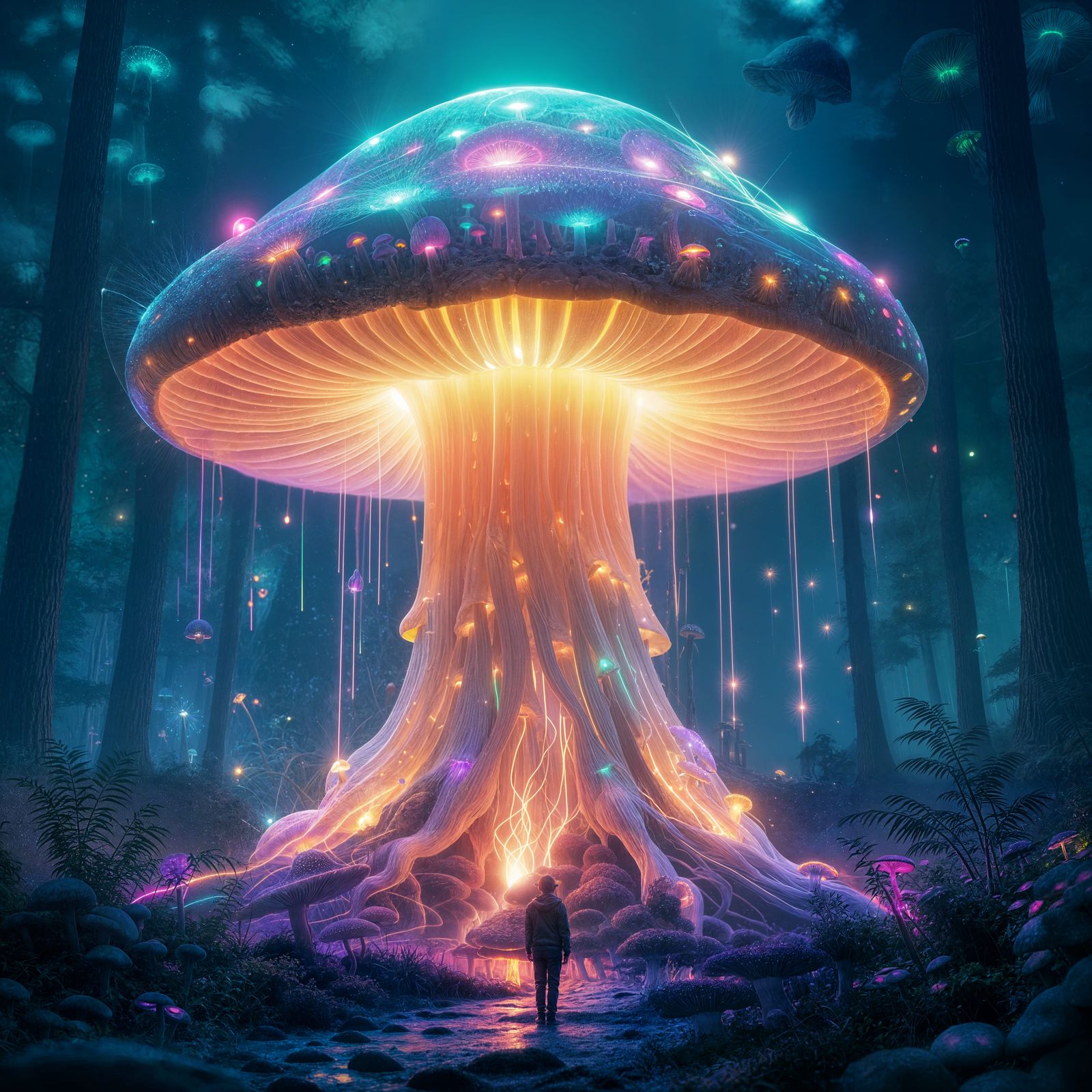 Giant Bioluminescent Mushroom with Glowing Mycelium