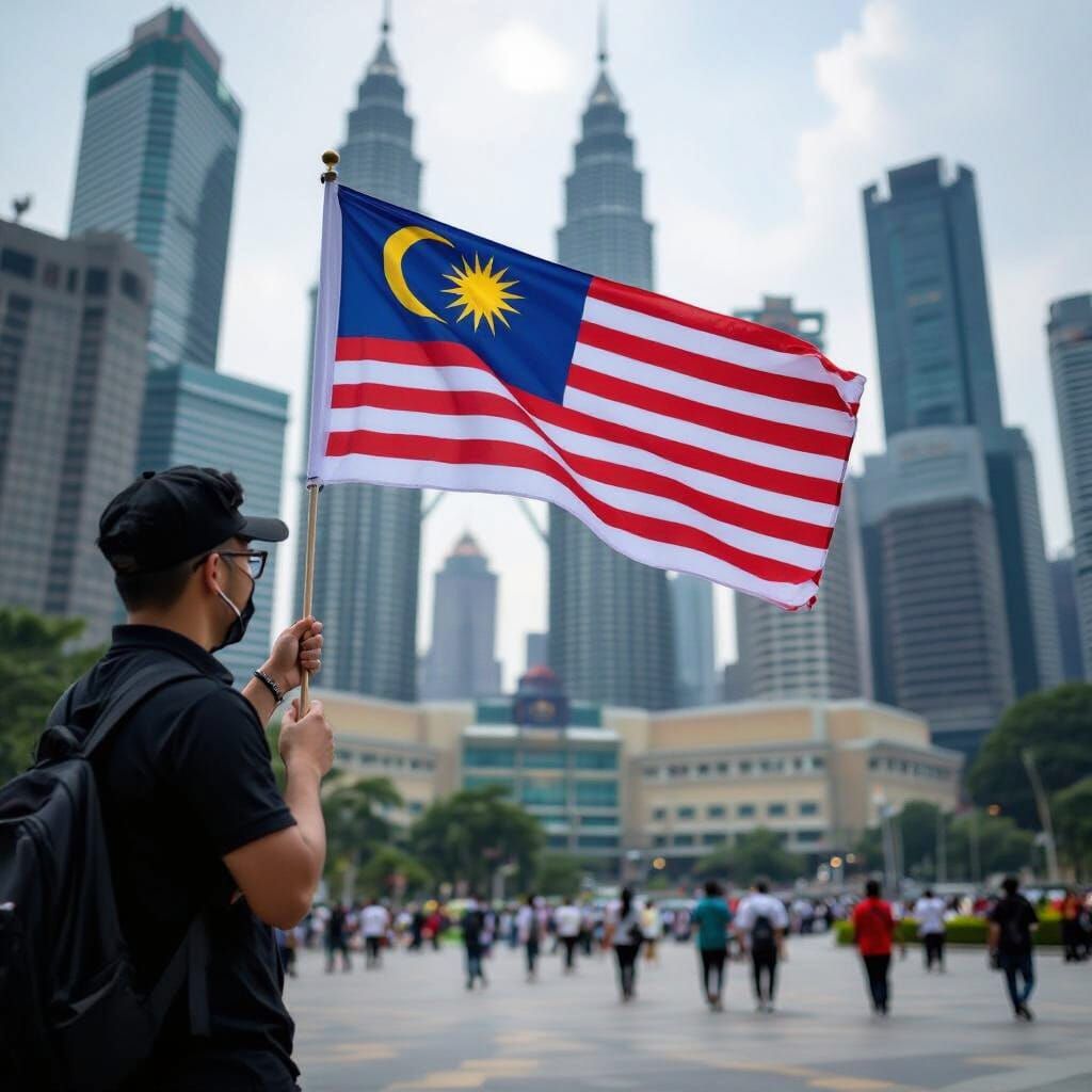 Man Holding Malaysian Flag at KLCC