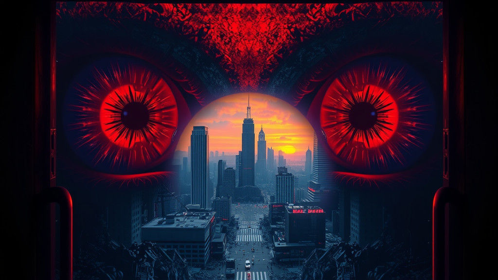 Apocalyptic Eyes Reflect Synthwave Cityscape