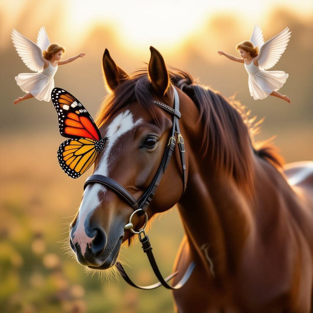 Majestic Horse with Butterfly and Angels, Hyperrealistic Sty...