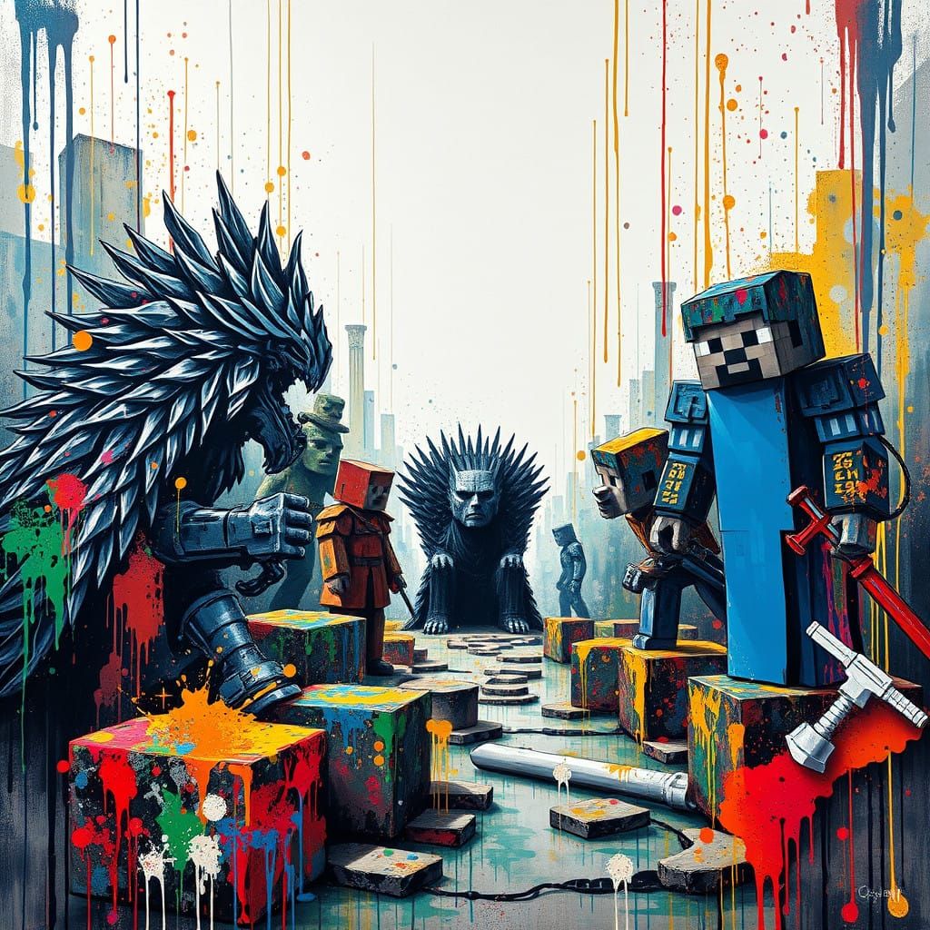 Epic Minecraft Realm in Vibrant Graffiti Style