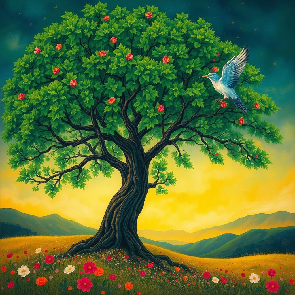 Majestic Tree and Bird in Surreal Landscape