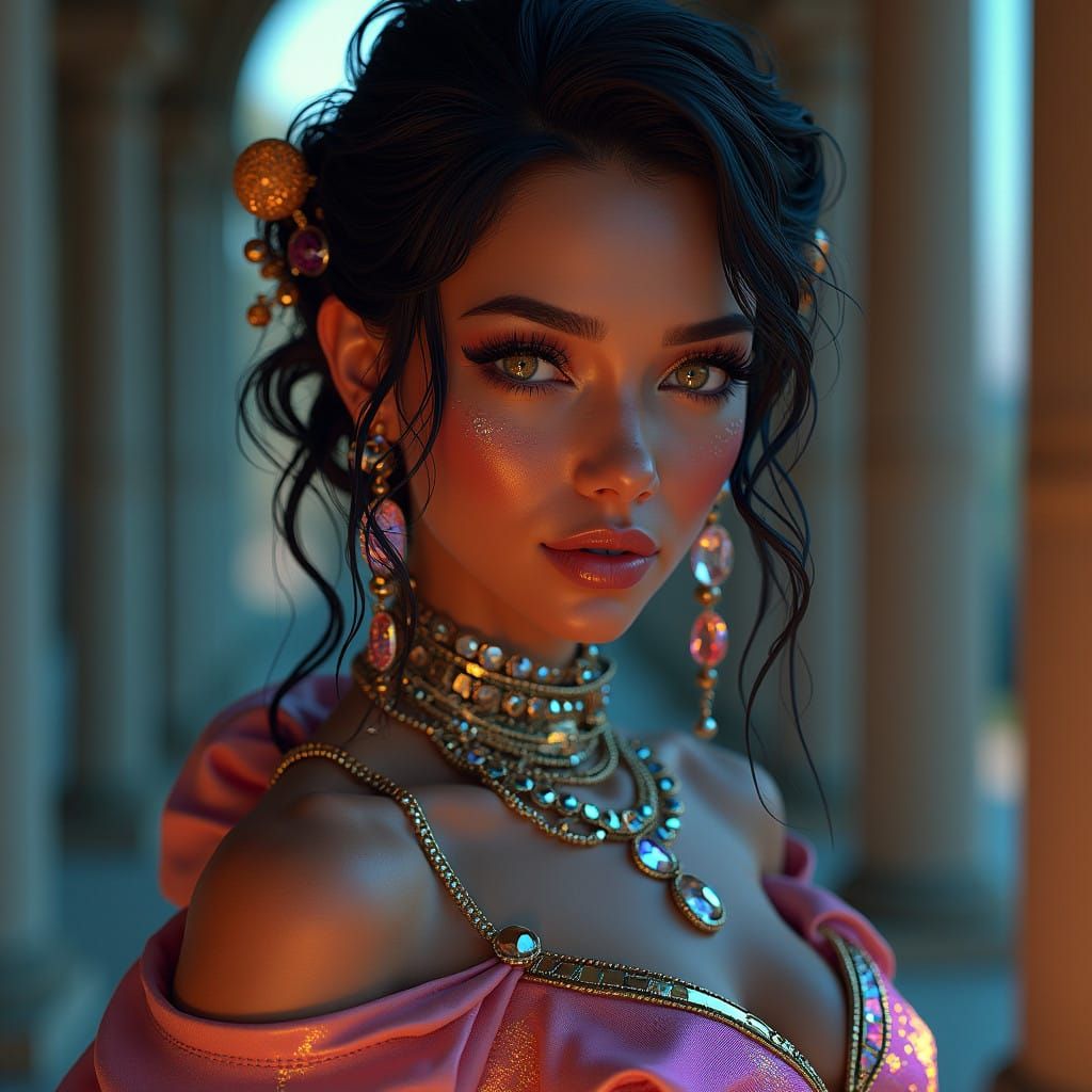 Breathtaking Woman in Cyberpunk Attire with Futuristic Jewel...