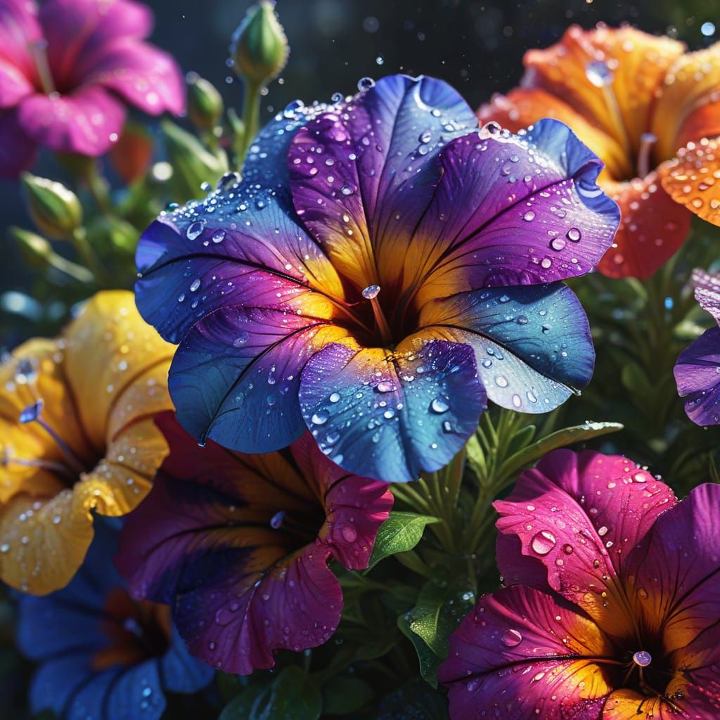 Multicolor Petunia Flowers with Dewdrops in Macro Photograph...