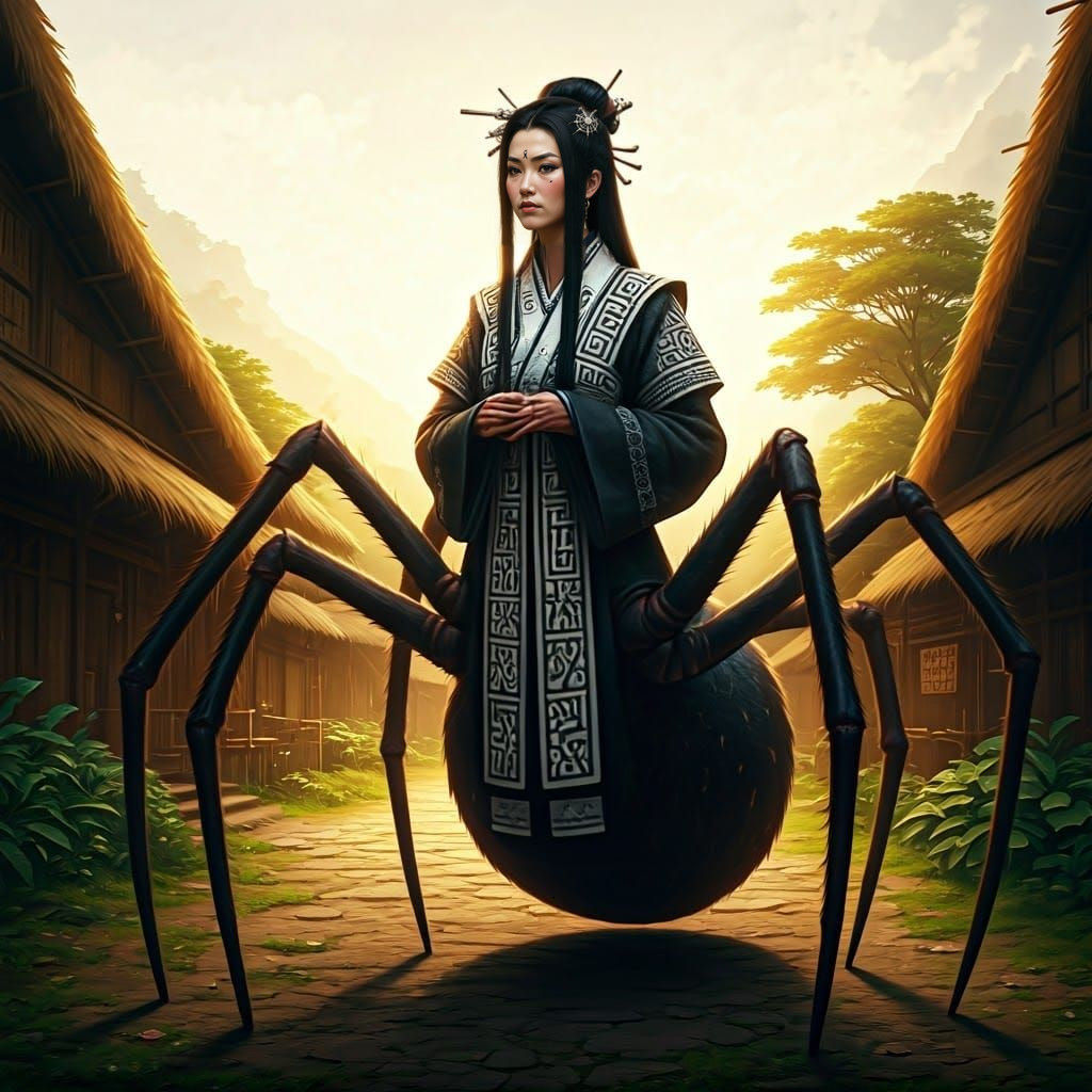 Elegant Ainu Spider Goddess Yushkep Kamuy with Tribal Villag...