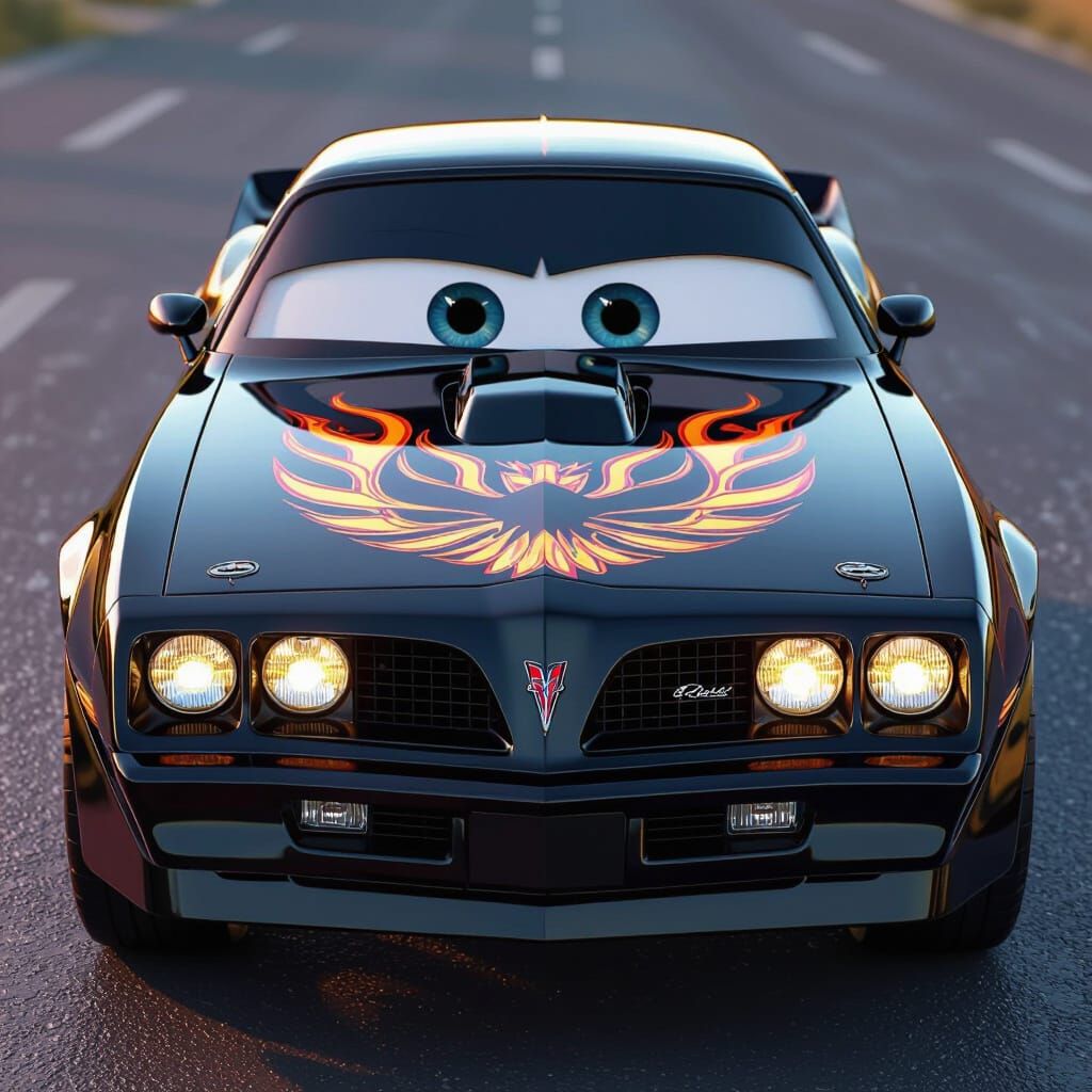Black 1981 Trans Am with Firebird Decal in Pixar Style