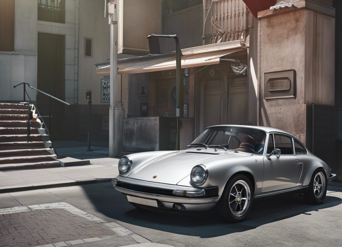 Silver Porsche in Abandoned Alleyway: Anime Style