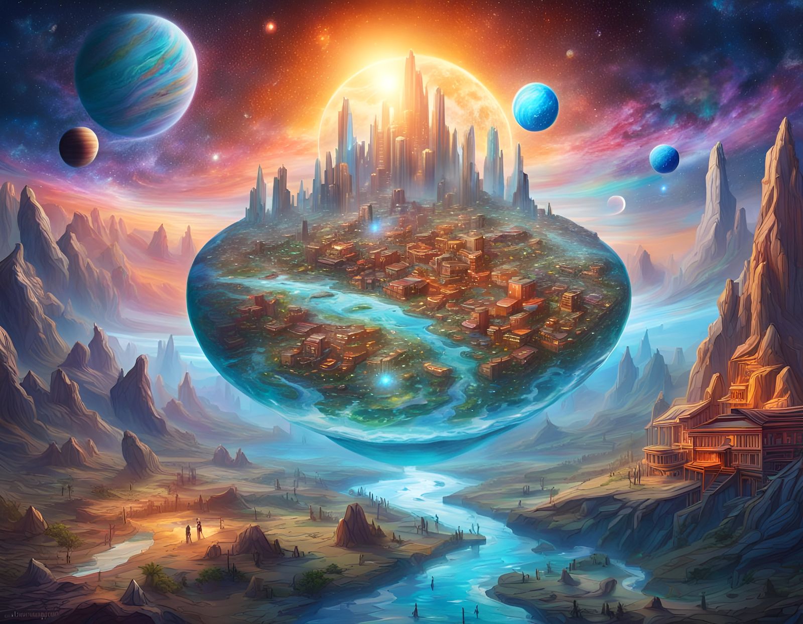 Village in Water Droplet: Cosmic Astral Illustration