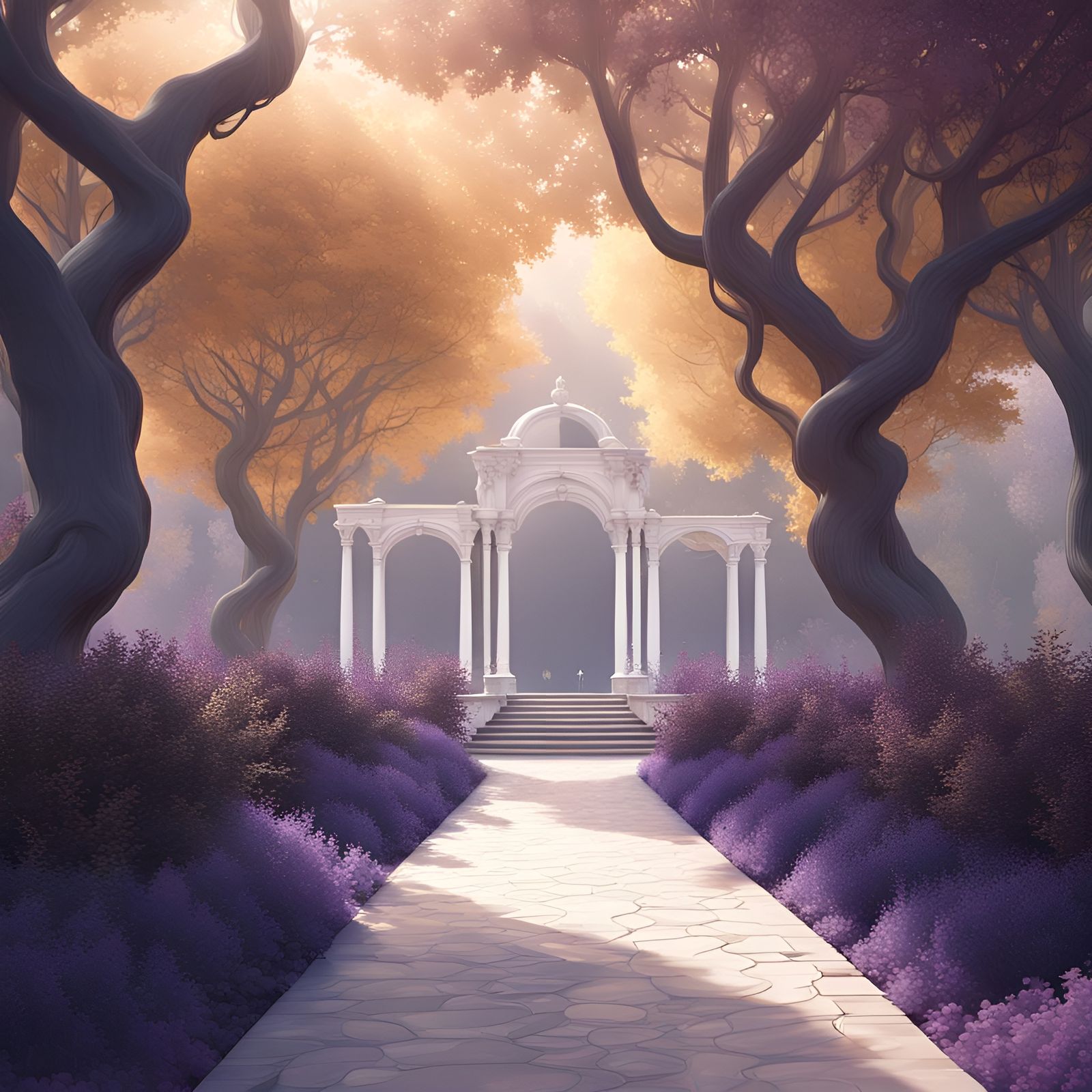 Palladian Garden Pathway with Water in Detailed Digital Art