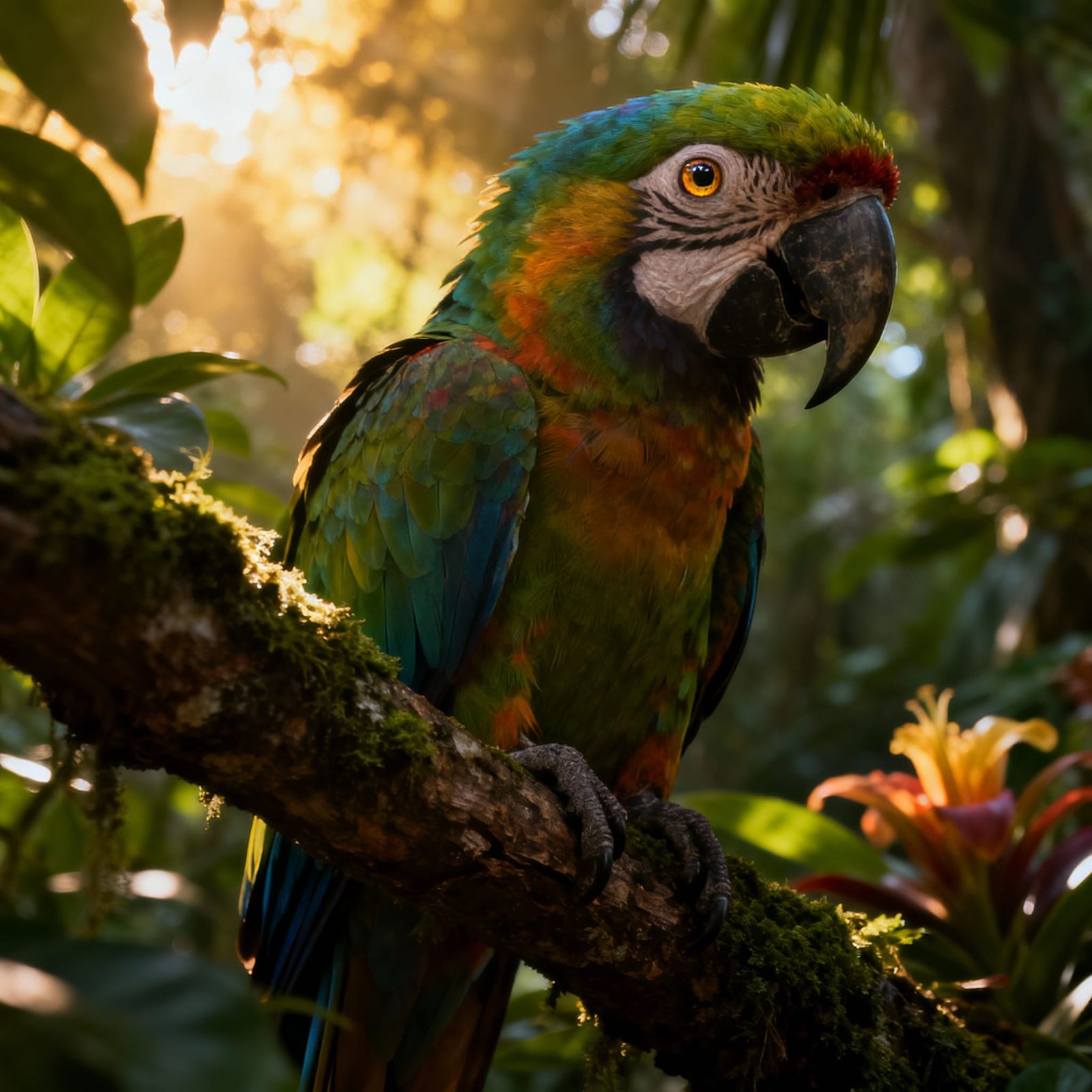 Vibrant Parrot Portrait in Golden Hour Jungle Light