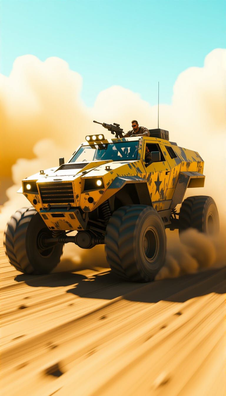 Armored War Vehicle Speeds Through Desert Wasteland