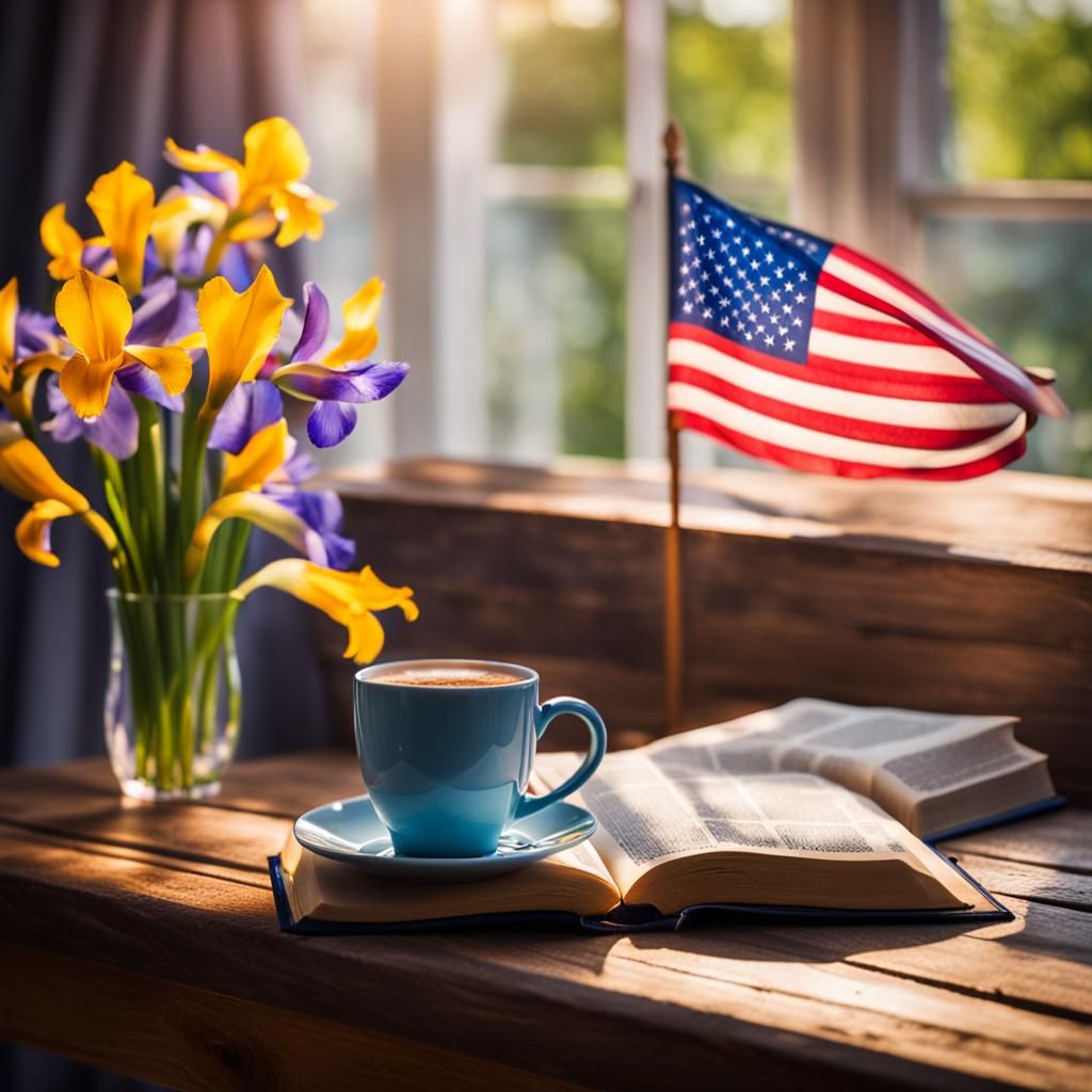 Beach Sunrise with Coffee, Bible, and Flowers