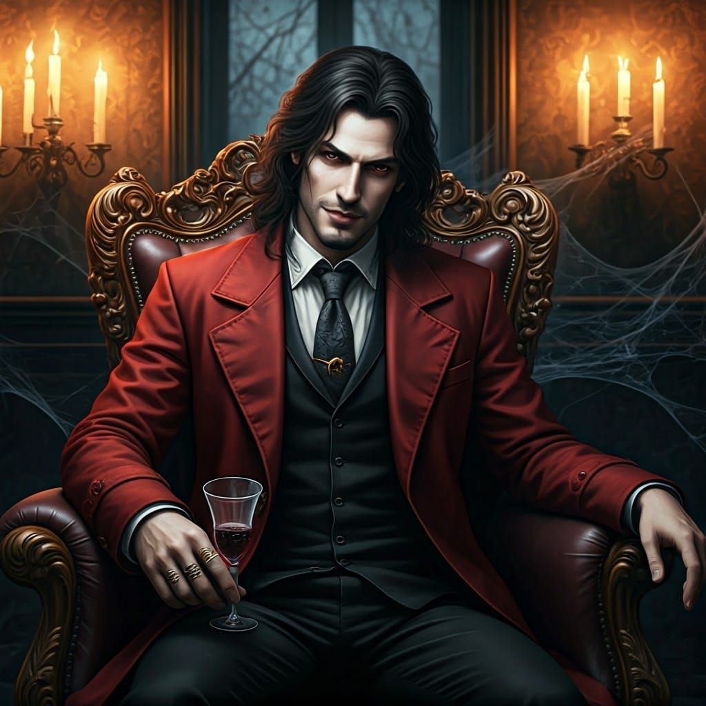 Gothic Vampire in Elegant Red Coat, Amidst Whispers of Aband...