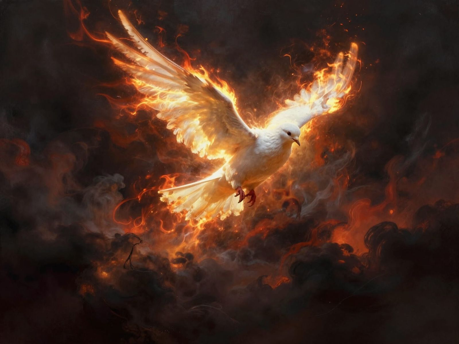 Flaming Dove Descends in Epic Fantasy Art