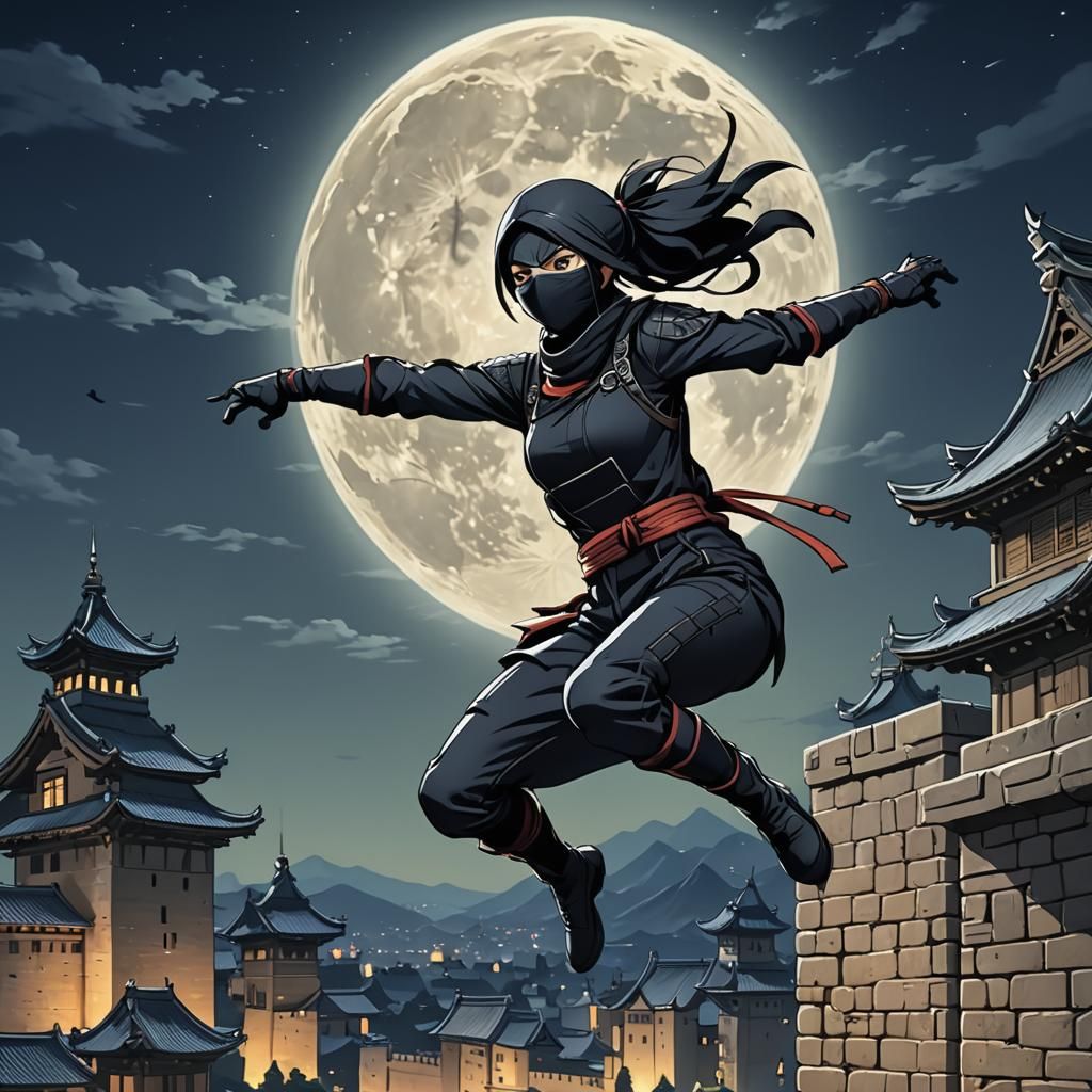 Anime Ninja Jumps from Castle Wall on Moonlit Night