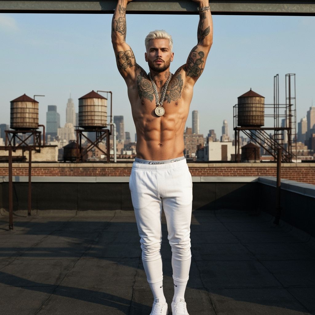 Muscular Model on Manhattan Rooftop at Sunset