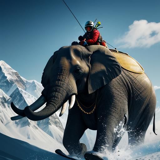 Elephant Skiing on Mount Everest in Hyperrealism