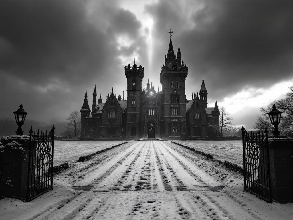 Ethereal Gothic Mansion in Snowy Cumbria Landscape