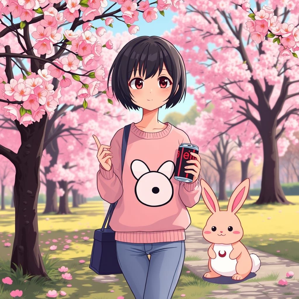Anime Girl with Rabbit in Spring Park