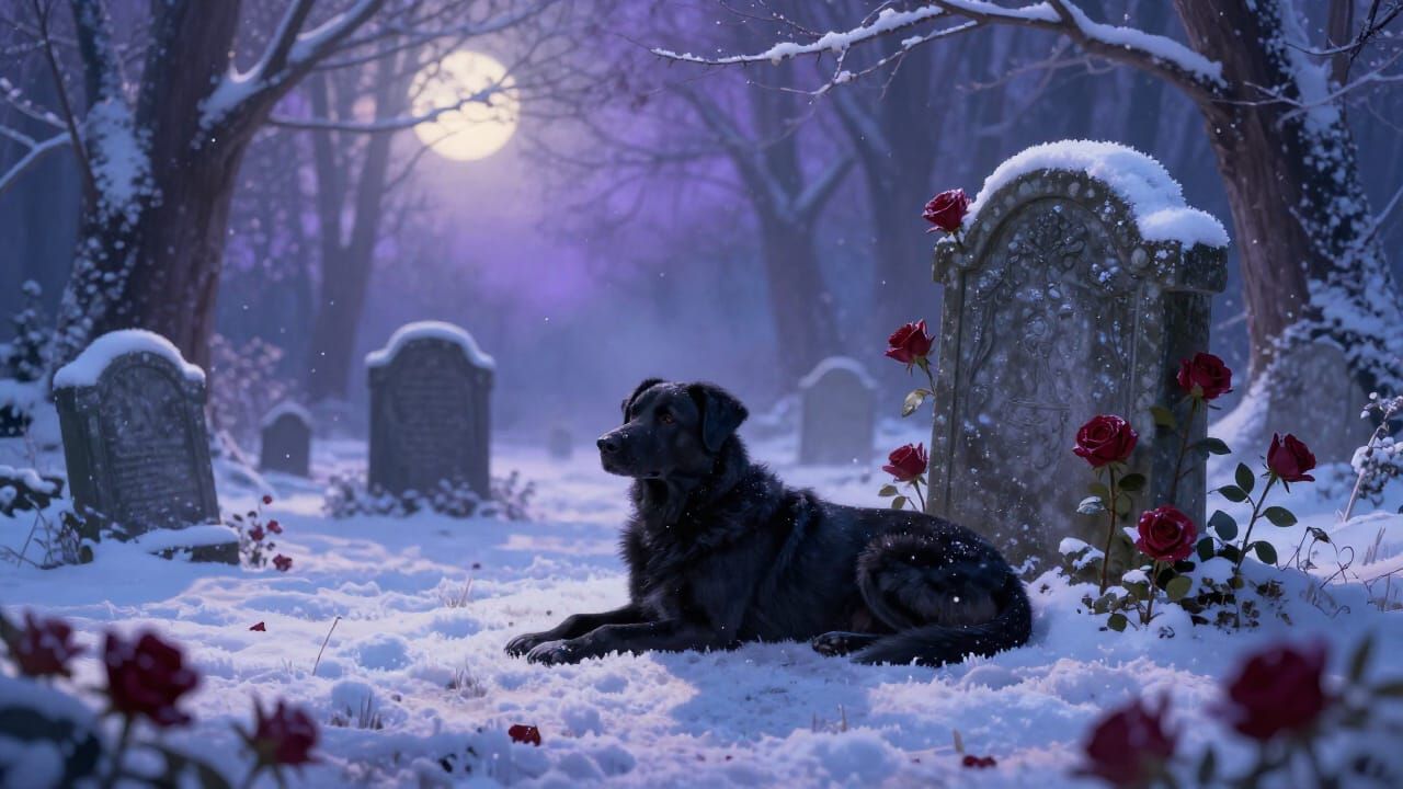 Serene Snowy Forest Graveyard with Black Dog