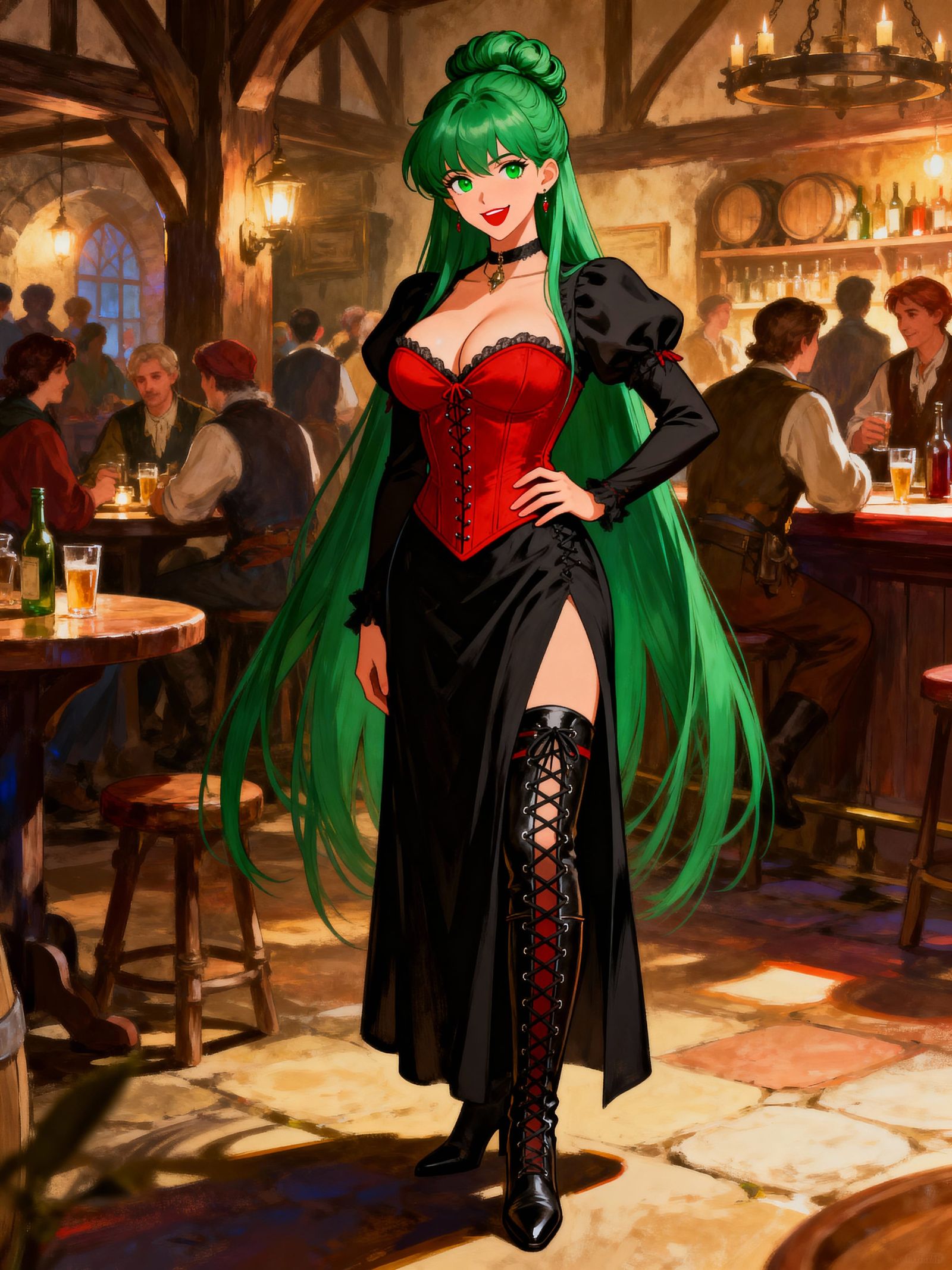 Anime Tavern Portrait: Green Haired Woman in Crimson Corset