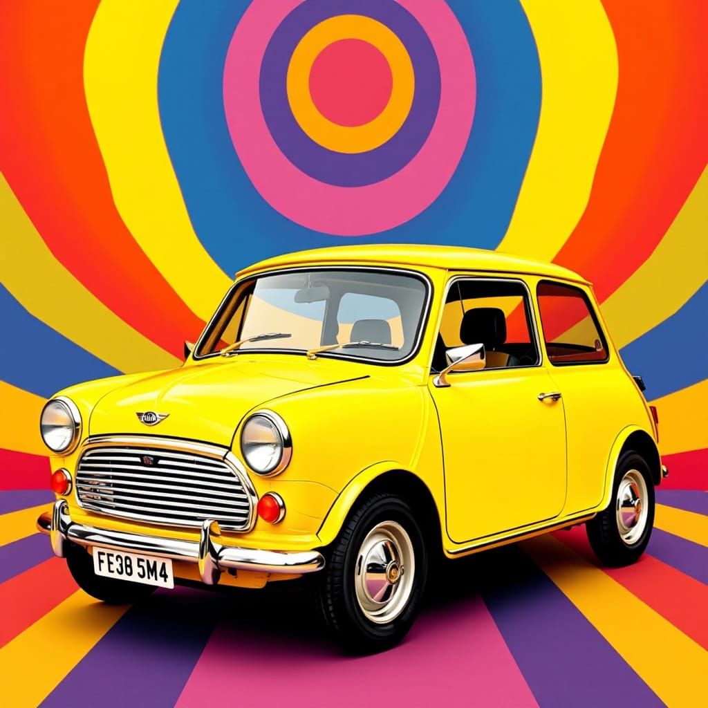 Psychedelic Pop Art Yellow Mini Cooper