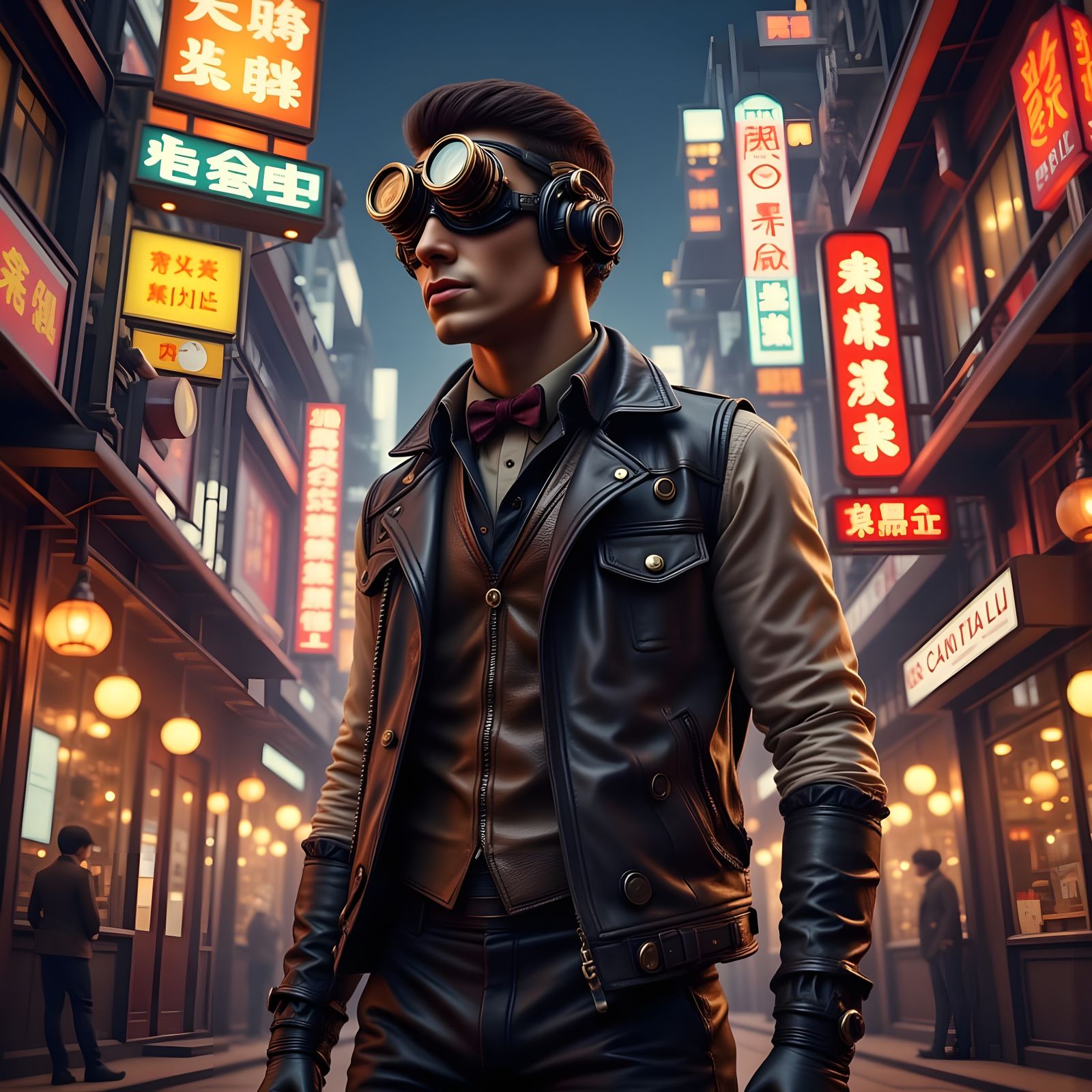 Steampunk Man in Neon Asian Cityscape