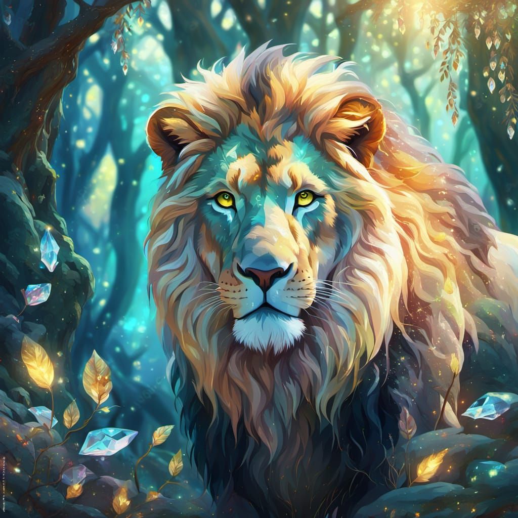 Lion-Dryad in Crystal Grove: Vibrant Oil Painting