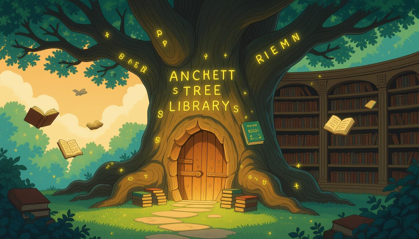 Magical Tree Library with Glowing Runes and Flying Books